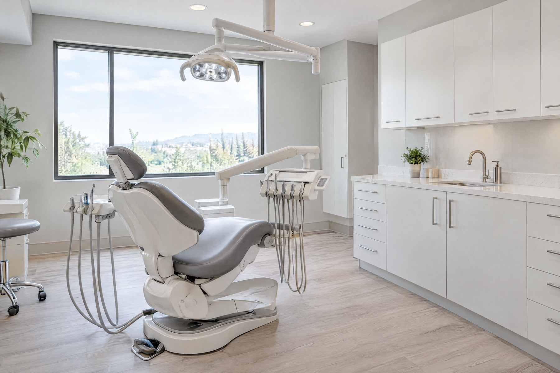 A bright, empty treatment room with a grey dental chair facing a large window onto trees and hills