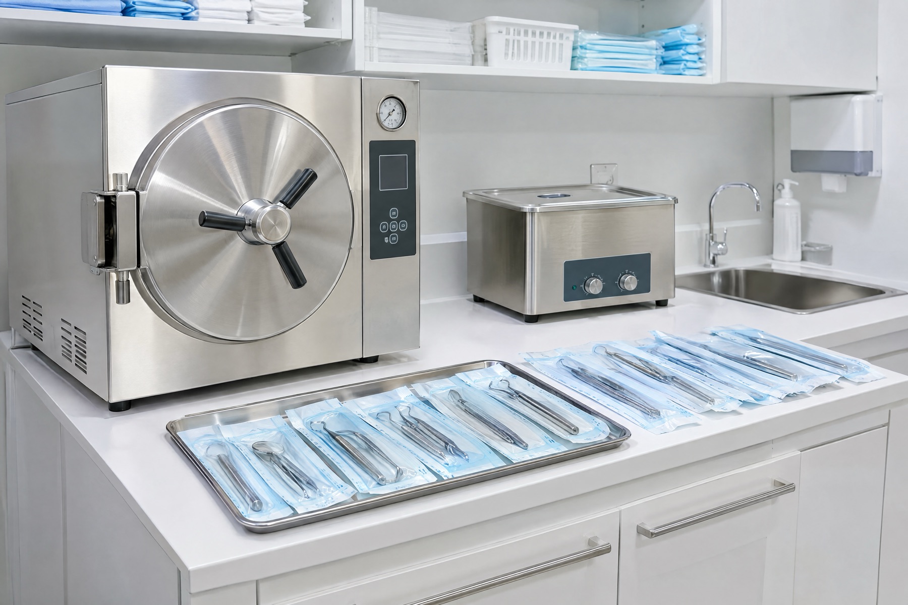 The sterilisation room: a stainless-steel autoclave, an ultrasonic cleaner and a tray of instruments sealed in blue pouches