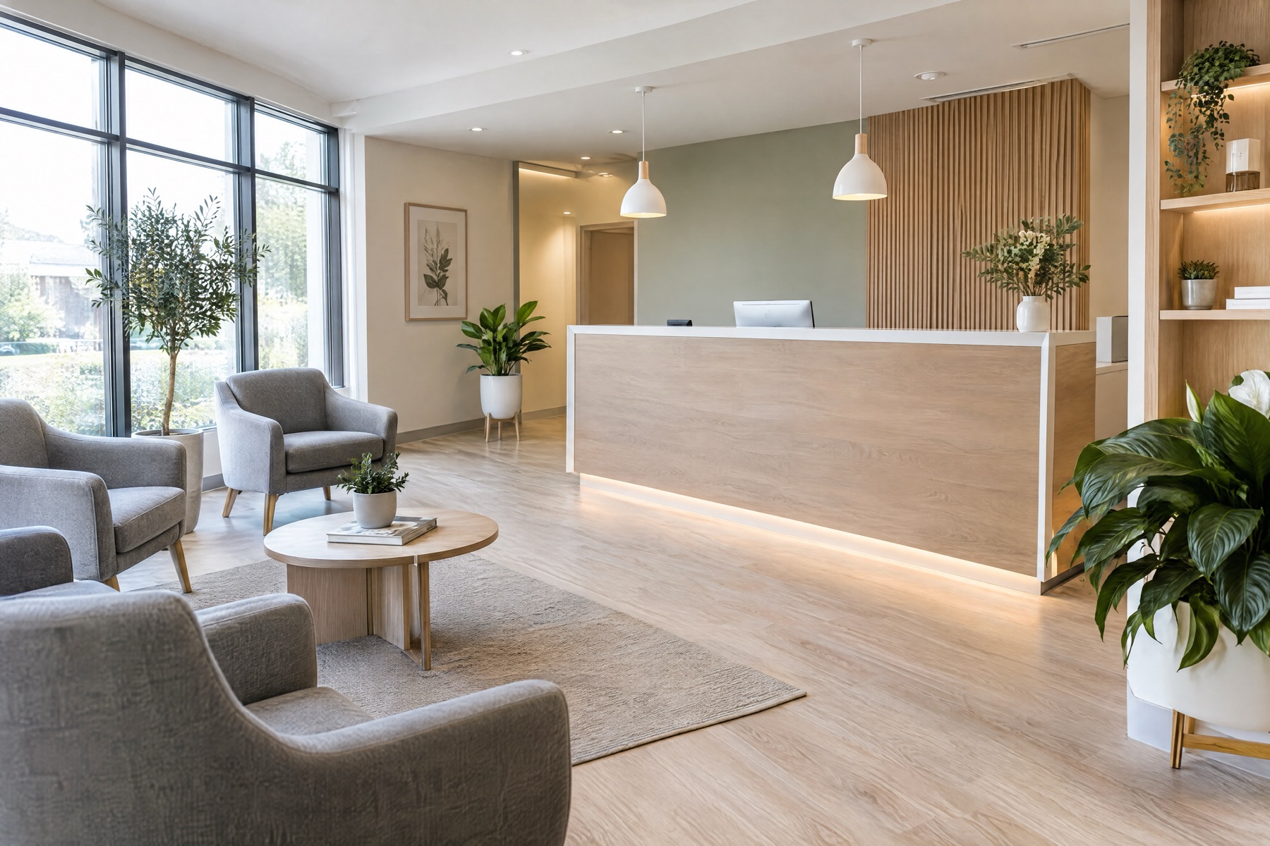 The studio's reception lounge: grey armchairs around a round wooden table, a pale oak front desk, plants and floor-to-ceiling windows