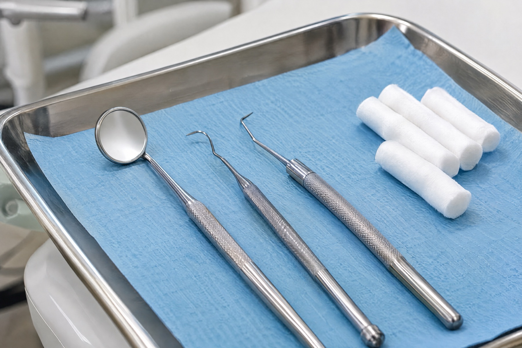 A steel tray on blue paper holding a dental mirror, two probes and cotton rolls