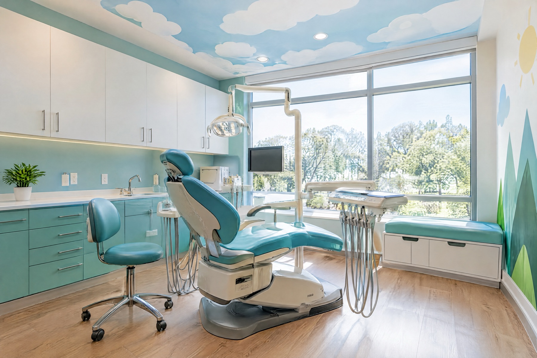 The children's treatment room with a painted cloud ceiling, teal dental chair, mountain mural and a big window