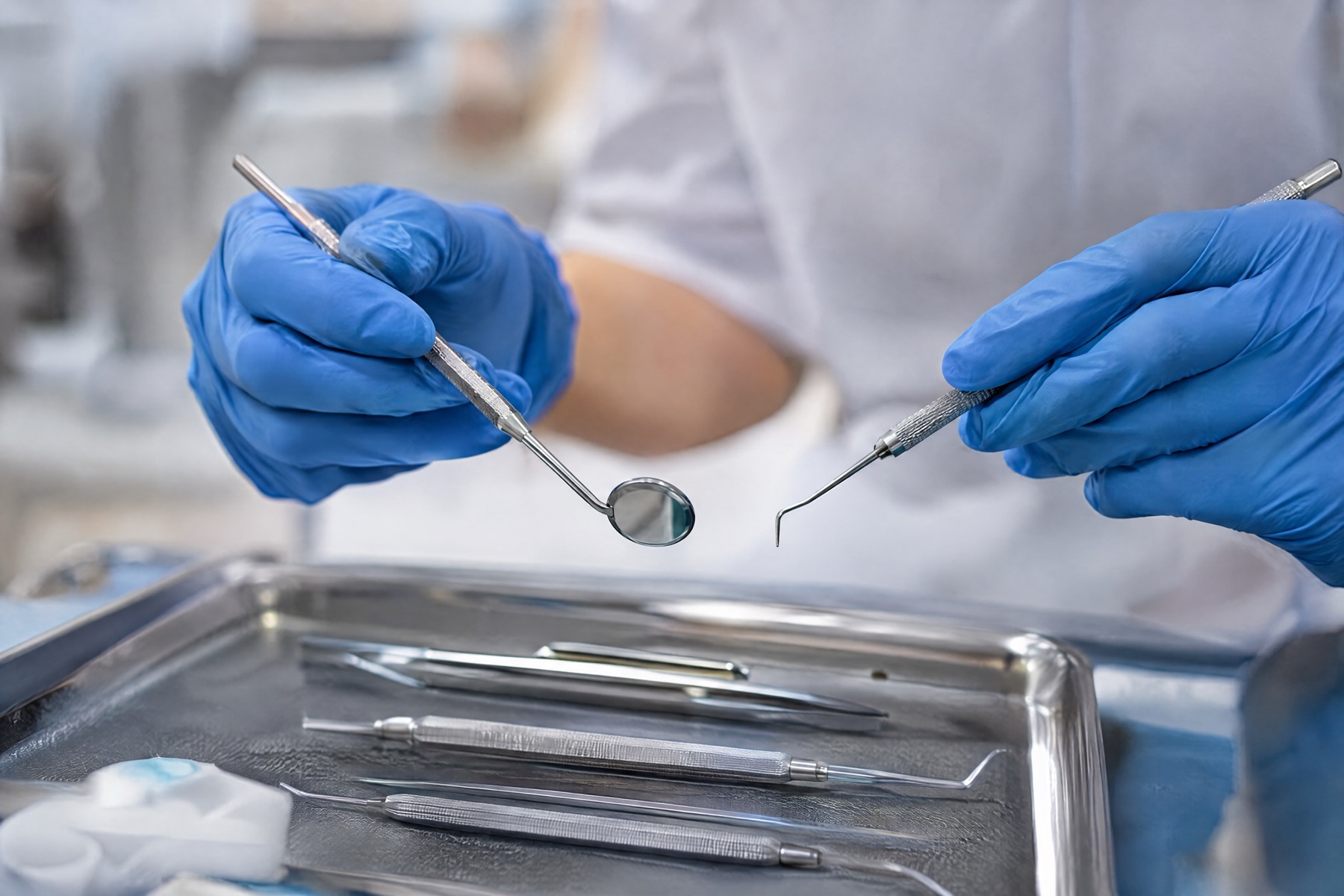 A dentist in blue gloves holding a mouth mirror and explorer above a tray of instruments