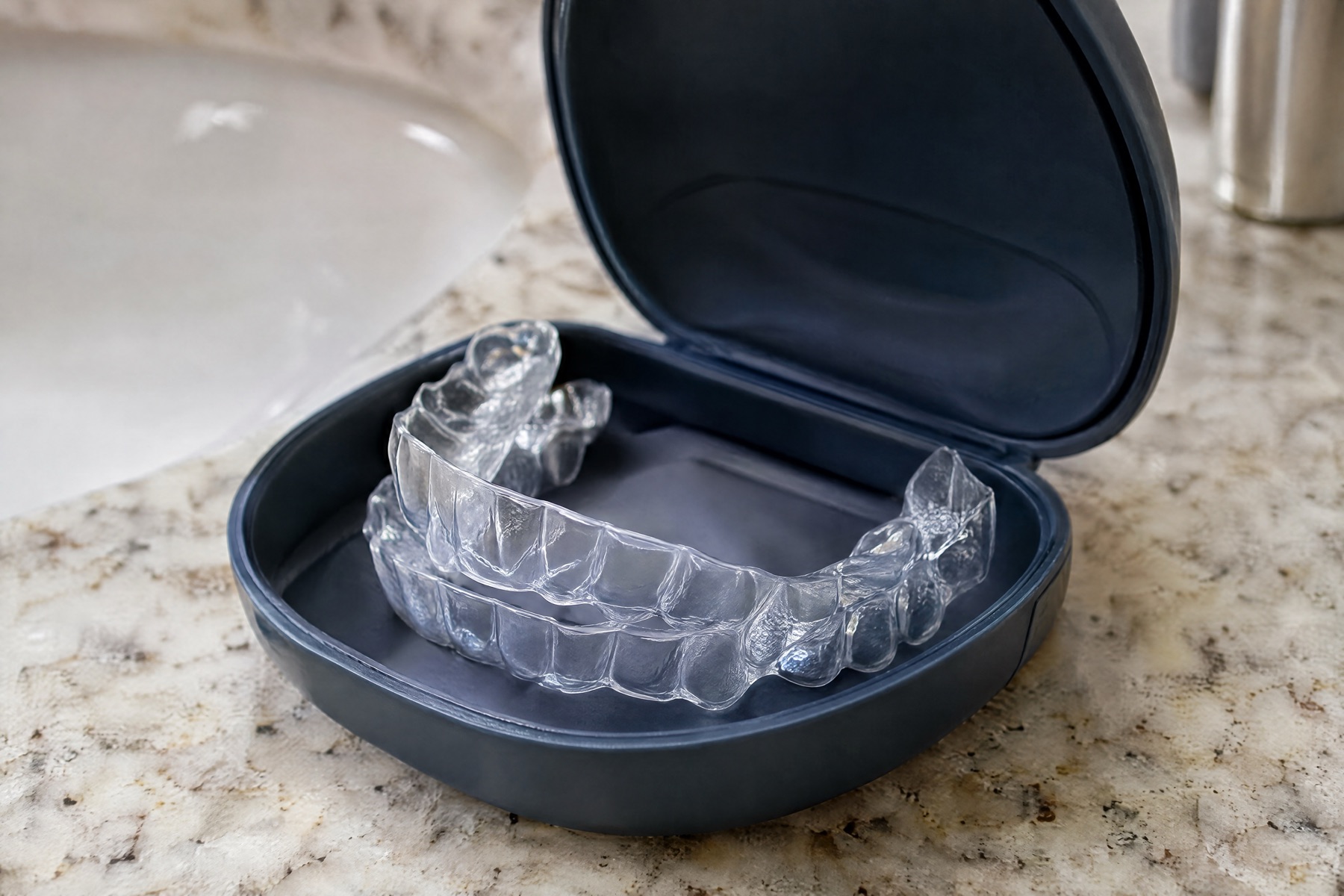 A set of clear aligner trays resting in an open dark-blue case on a granite bathroom counter