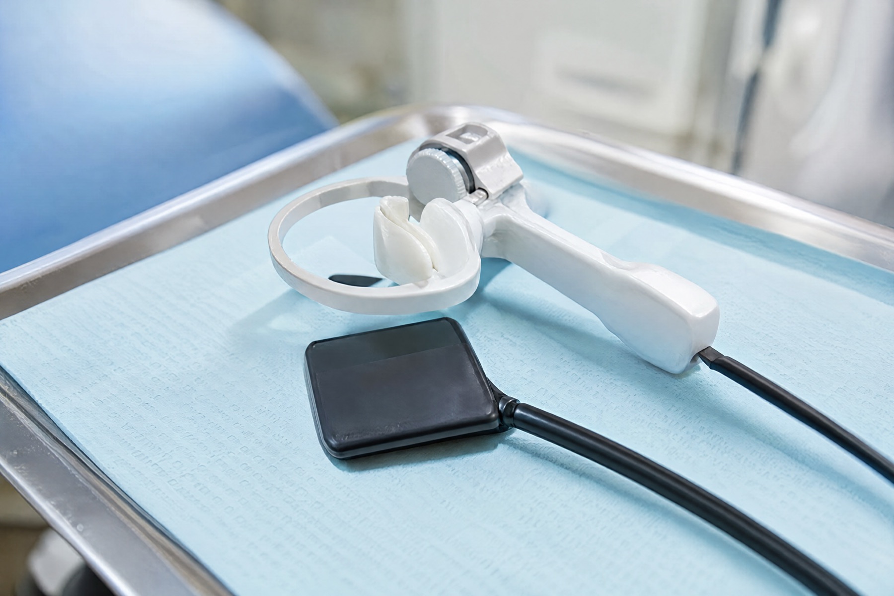 A digital dental X-ray sensor and its white positioning holder on a blue-covered steel tray